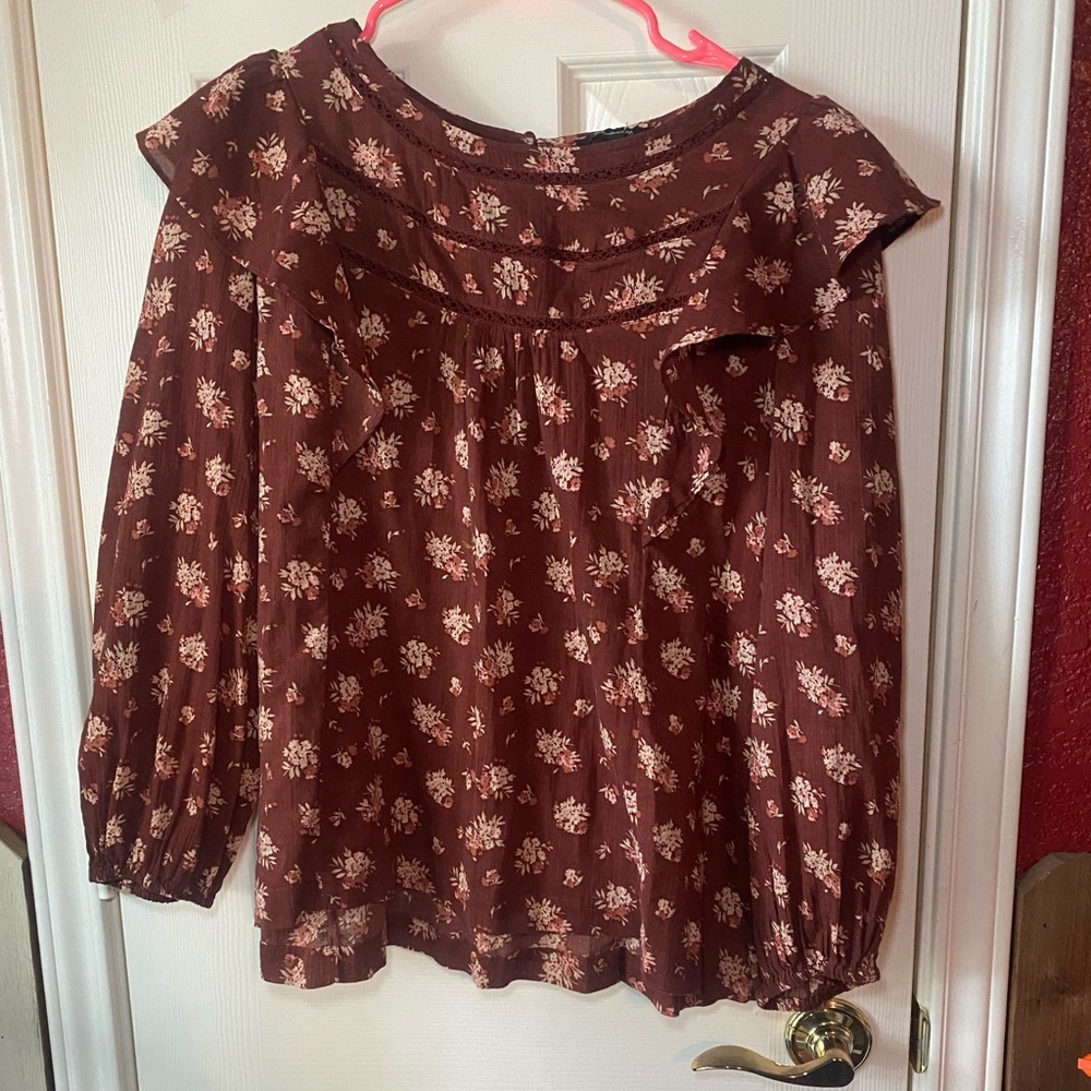 Madewell women’s ladder trim ruffle floral top size M color red/burgundy